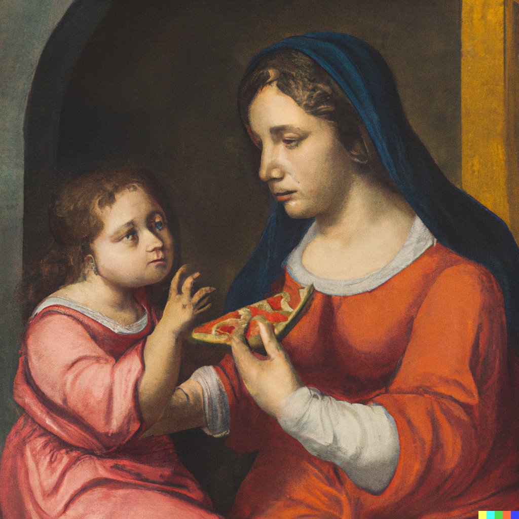 A Raphael painting of a Madonna and child, eating pizza, by DALL E 2